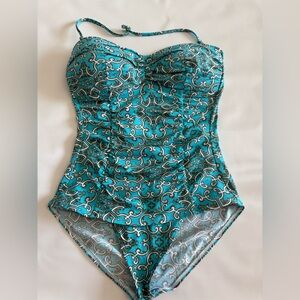 Tommy Bahama teal and white print one piece swimsuit in size 12